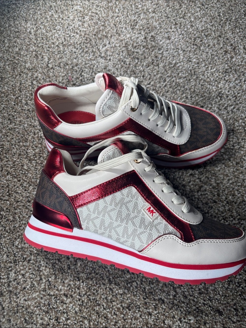 Michael Kors Metallic Red, White and Brown Logo Platform Sneakers